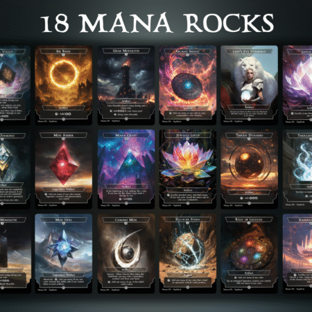 Mana Rocks 18 Cards Bundle - Commander EDH Mana Artifact Pack Mana vault Sol ring grim monolith arcane signet lion's eye diamond lotus petal mox diamond mox amber mana crypt jeweled lotus thran dynamo thought vessel basalt monolith mox opal chrome mox lotus Commander mtg proxy deck custom magic card lands token alter full deck list edh cedh azorius dimir rakdos gruul selesnya orzhov golgari simic izzet boros ancient tomb mana confluence city of brass cavern of souls prismatic vista command beacon command tower