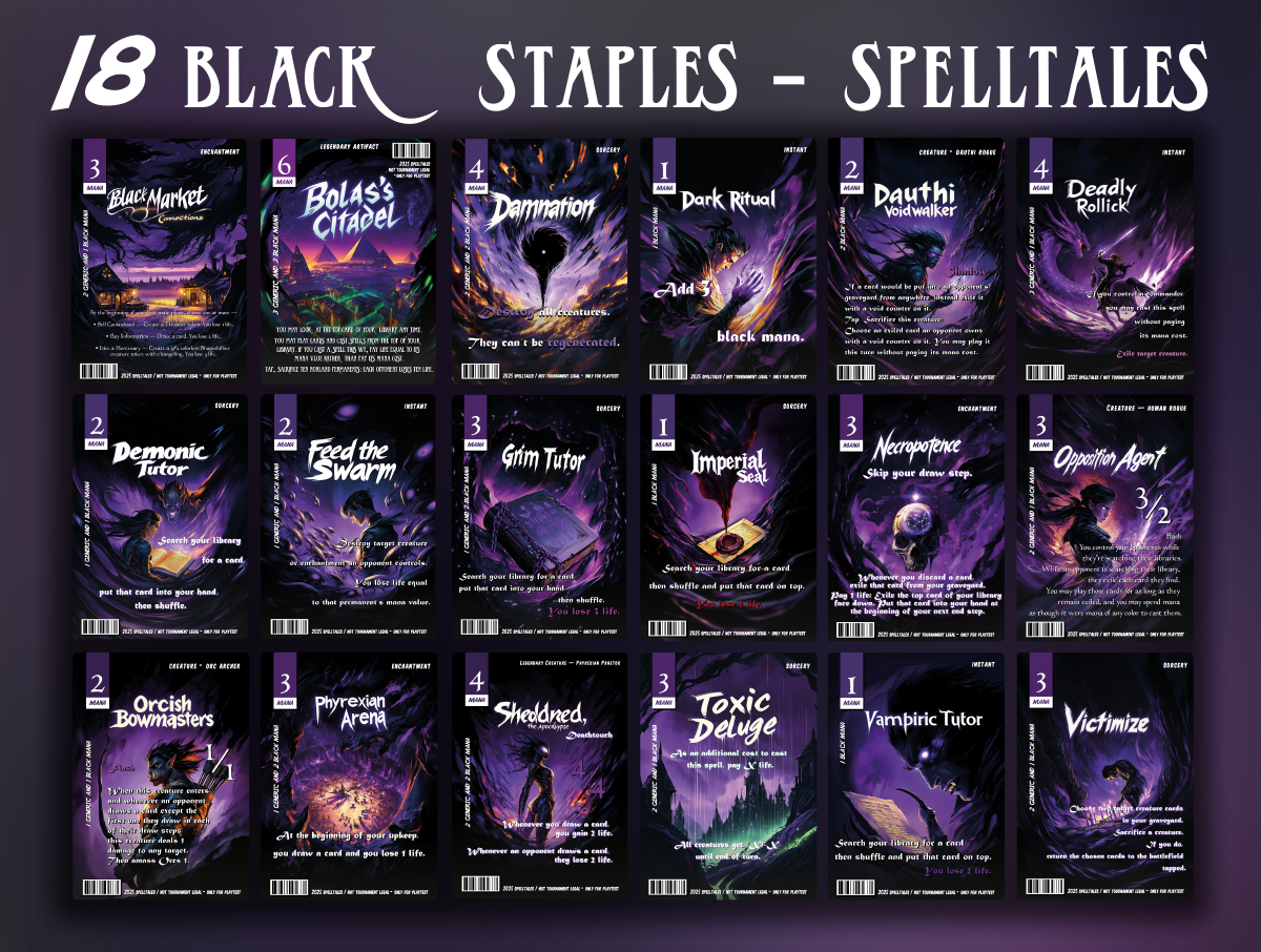 Dark Ritual Demonic Tutor Vampiric Tutor Toxic Deluge Deadly Rollick Black Market Connections Orcish Bowmasters Feed the Swarm Phyrexian Arena Opposition Agent Bolas's Citadel Necropotence Damnation Victimize Grim Tutor Imperial Seal Sheoldred the Apocalypse Dauthi Voidwalker Commander mtg proxy deck custom magic card lands token alter full deck list edh cedh