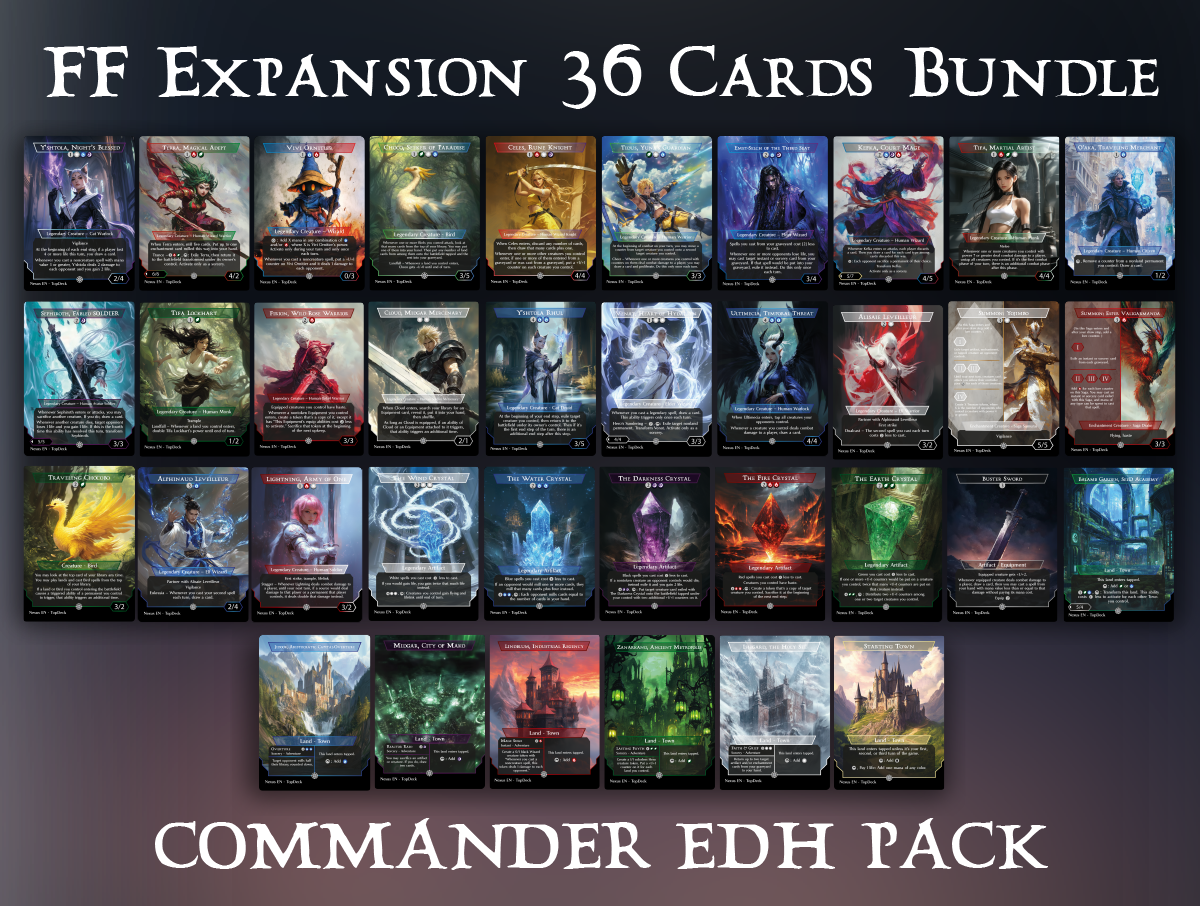Y'shtola, Night's Blessed Tifa, Martial Artist Celes, Rune Knight Vivi Ornitier Tidus, Yuna's Guardian Choco, Seeker of Paradise Emet-Selch of the Third Seat Tifa Lockhart Cloud, Midgar Mercenary Traveling Chocobo Buster Sword Y'shtola Rhul Terra, Magical Adept / Esper Terra Starting Town Ishgard, the Holy See Jidoor, Aristocratic Capital Summon: Yojimbo Summon: Esper Valigarmanda Sephiroth Kefka Zanarkand Commander mtg proxy deck custom magic card lands token alter full deck list edh cedh