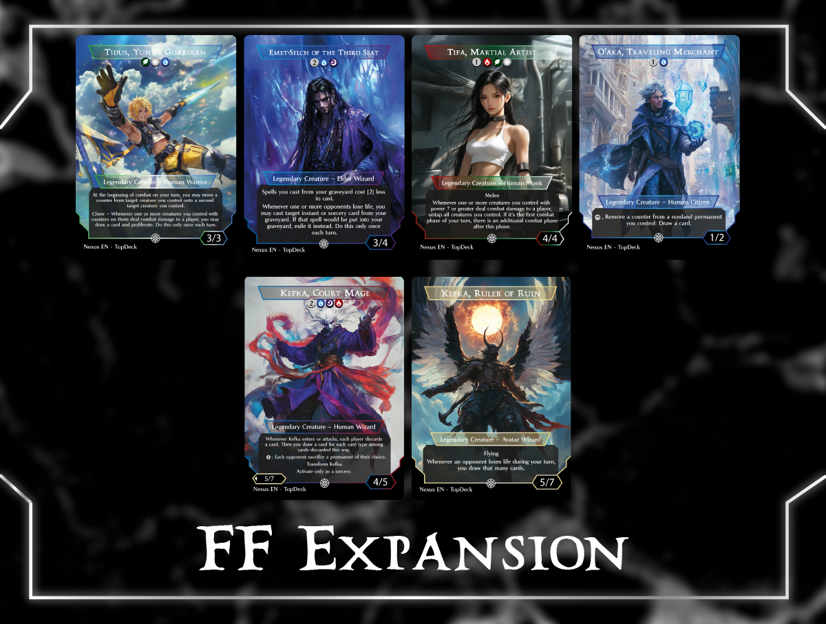 Y'shtola, Night's Blessed Tifa, Martial Artist Celes, Rune Knight Vivi Ornitier Tidus, Yuna's Guardian Choco, Seeker of Paradise Emet-Selch of the Third Seat Tifa Lockhart Cloud, Midgar Mercenary Traveling Chocobo Buster Sword Y'shtola Rhul Terra, Magical Adept / Esper Terra Starting Town Ishgard, the Holy See Jidoor, Aristocratic Capital Summon: Yojimbo Summon: Esper Valigarmanda Sephiroth Kefka Zanarkand Commander mtg proxy deck custom magic card lands token alter full deck list edh cedh