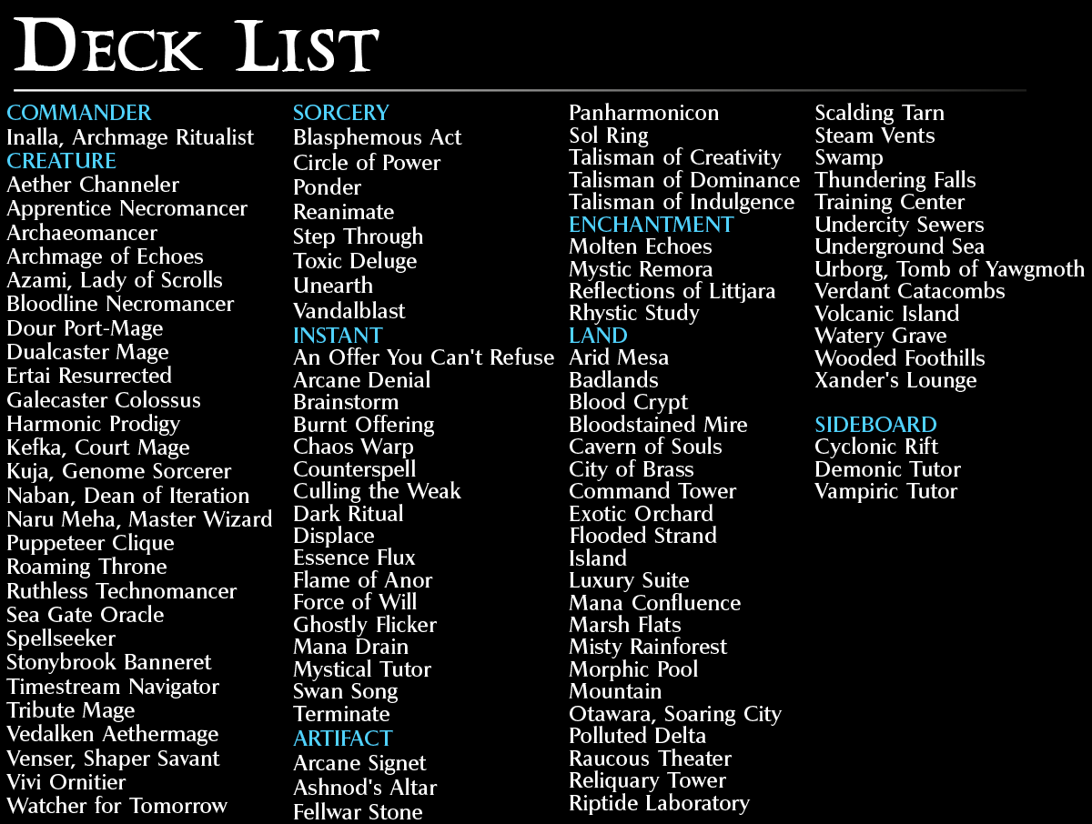 Inalla Wizards Commander mtg proxy deck custom magic card lands token alter full deck list edh cedh dual land fetch
