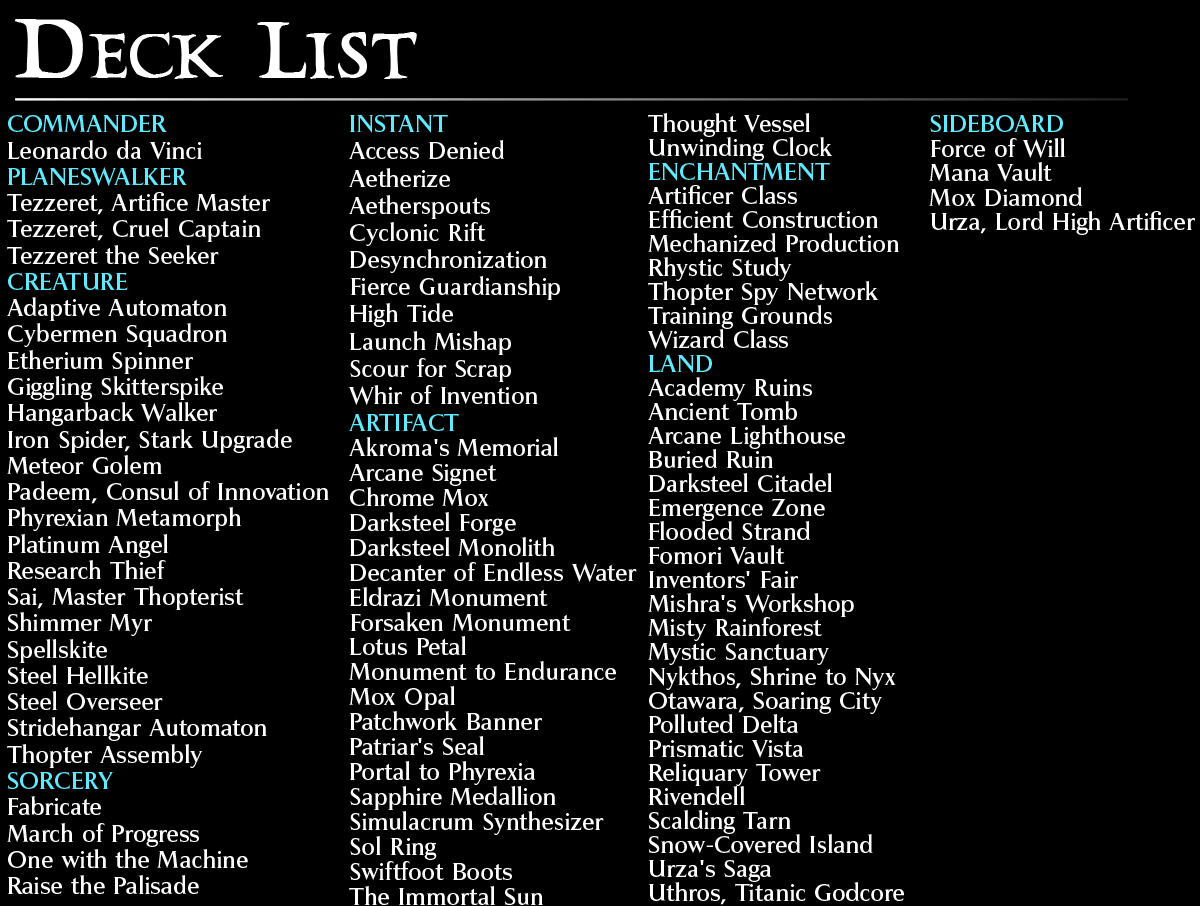 The De Vinci Code Commander mtg proxy deck custom magic card lands token alter full deck list edh cedh dual land fetch