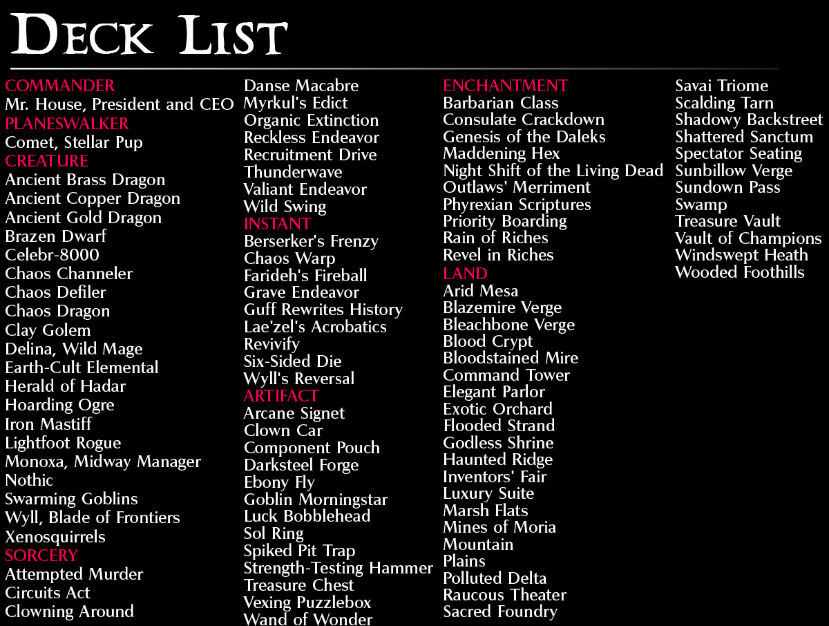 Mr. House's Casino Commander mtg proxy deck custom magic card lands token alter full deck list edh cedh dual land fetch