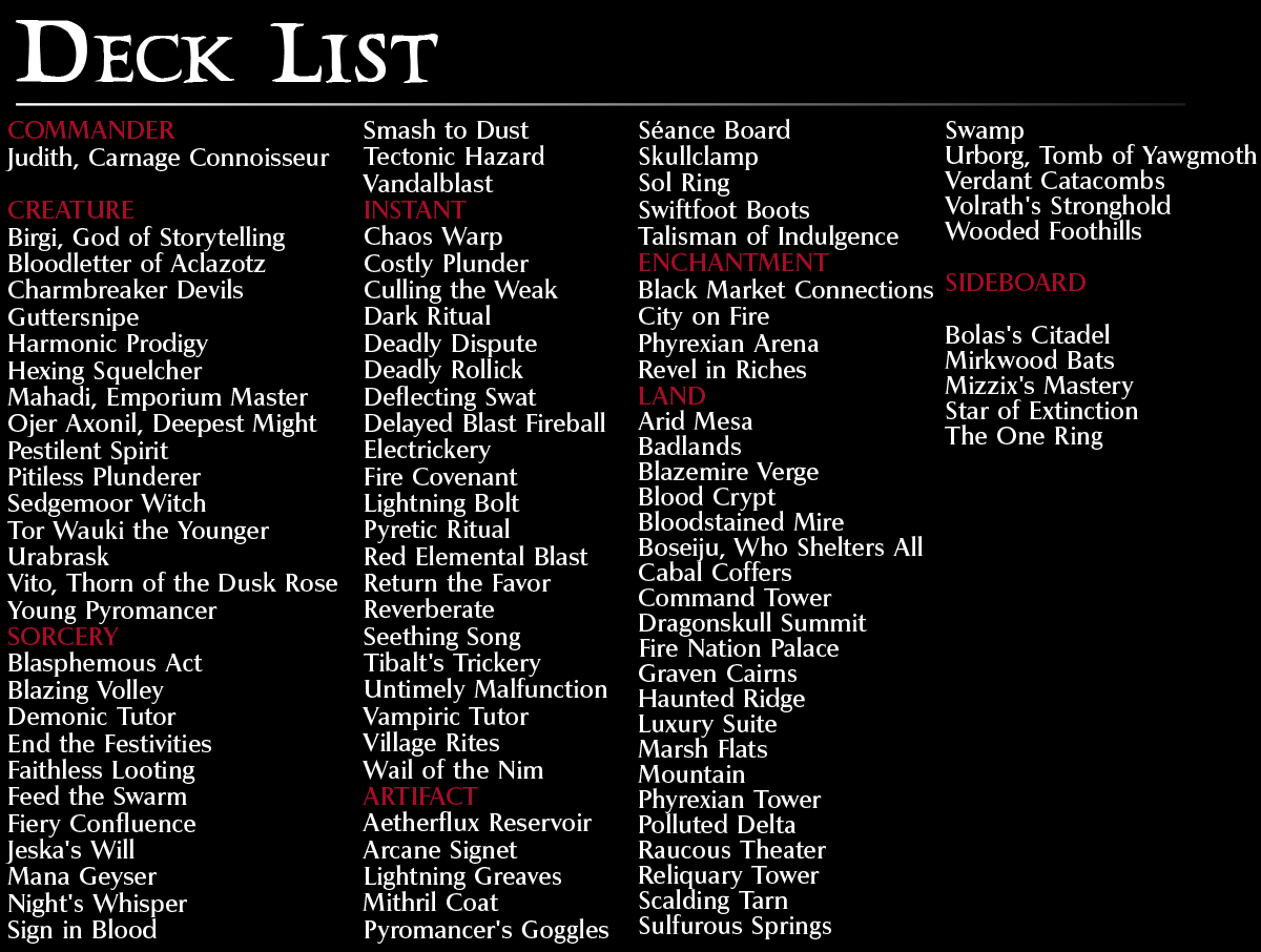 Judith Burn Commander mtg proxy deck custom magic card lands token alter full deck list edh cedh dual land fetch