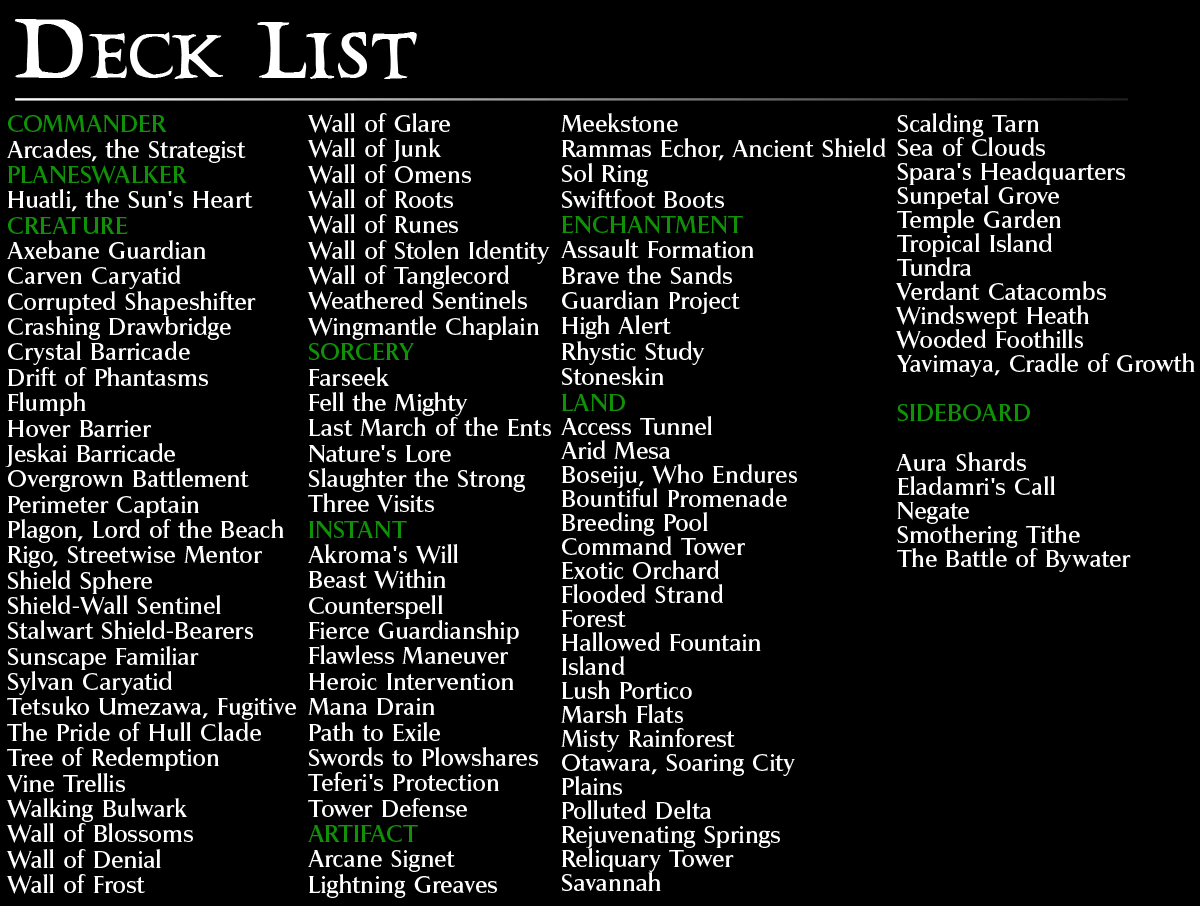 Arcades Defenders Commander mtg proxy deck custom magic card lands token alter full deck list edh cedh dual land fetch