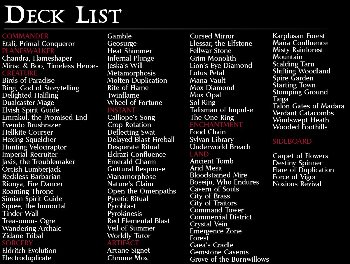 Etali Primal Conqueror cEDH Commander mtg proxy deck custom magic card lands token alter full deck list edh cedh dual land fetch