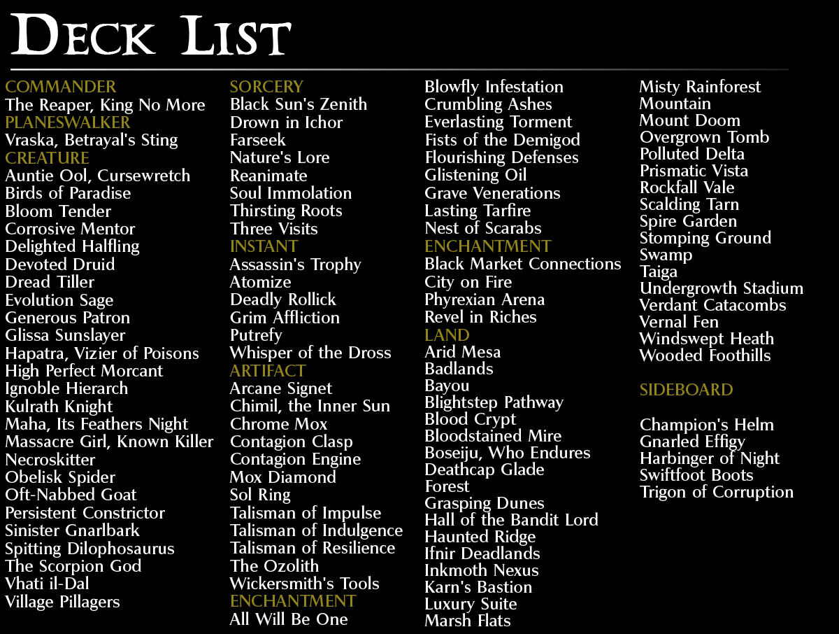 The Reaper, King Again Commander mtg proxy deck custom magic card lands token alter full deck list edh cedh dual land fetch