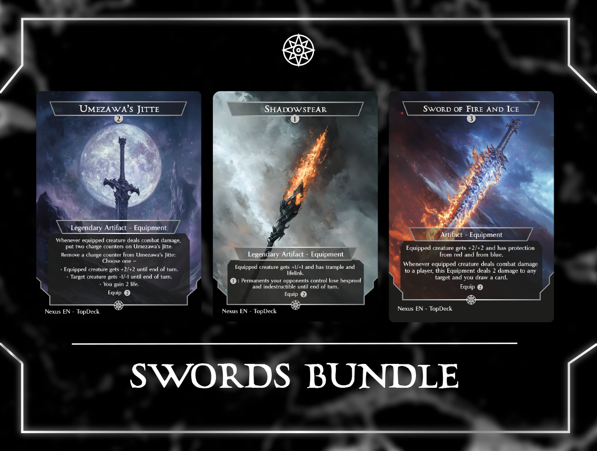 Sword of Fire and Ice Sword of Hearth and Home Sword of Feast and Famine Sword of Sinew and Steel Sword of War and Peace Sword of Body and Mind Sword of Truth and Justice Sword of Light and Shadow Sword of Once and Future Sword of the Animist Sword of Forge and Frontier Embercleave Shadowspear Excalibur, Sword of Eden Umezawa's Jitte Cori-Steel Cutter Dragonfire Blade Anduril Flame of the West Commander mtg proxy deck custom magic card lands token alter full deck list edh cedh