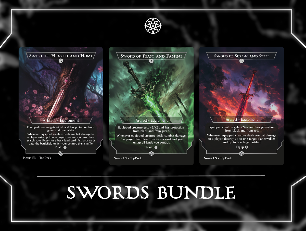 Sword of Fire and Ice Sword of Hearth and Home Sword of Feast and Famine Sword of Sinew and Steel Sword of War and Peace Sword of Body and Mind Sword of Truth and Justice Sword of Light and Shadow Sword of Once and Future Sword of the Animist Sword of Forge and Frontier Embercleave Shadowspear Excalibur, Sword of Eden Umezawa's Jitte Cori-Steel Cutter Dragonfire Blade Anduril Flame of the West Commander mtg proxy deck custom magic card lands token alter full deck list edh cedh