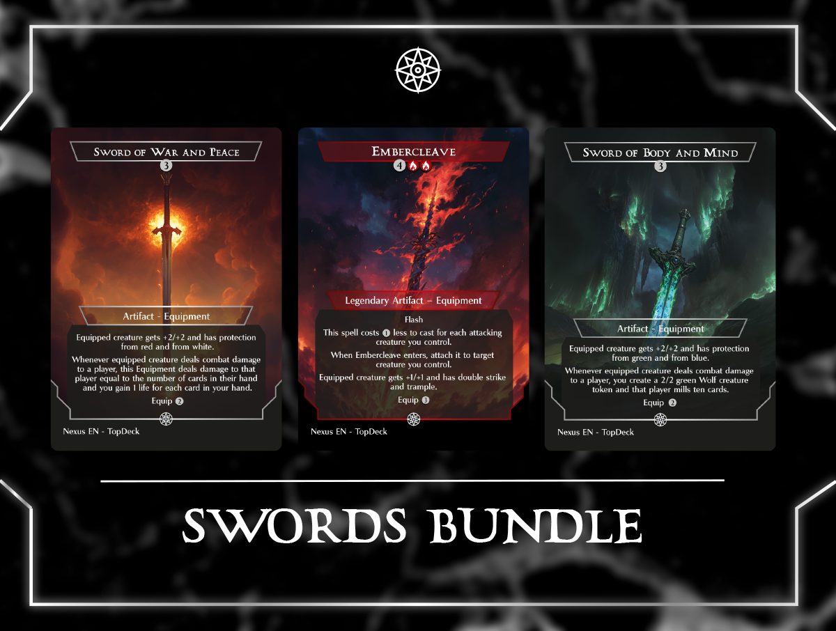 Sword of Fire and Ice Sword of Hearth and Home Sword of Feast and Famine Sword of Sinew and Steel Sword of War and Peace Sword of Body and Mind Sword of Truth and Justice Sword of Light and Shadow Sword of Once and Future Sword of the Animist Sword of Forge and Frontier Embercleave Shadowspear Excalibur, Sword of Eden Umezawa's Jitte Cori-Steel Cutter Dragonfire Blade Anduril Flame of the West Commander mtg proxy deck custom magic card lands token alter full deck list edh cedh