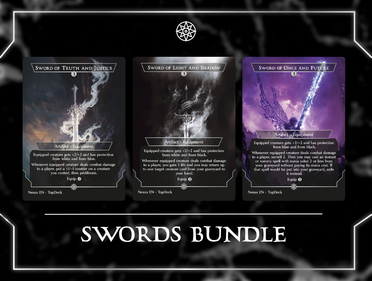 Sword of Fire and Ice Sword of Hearth and Home Sword of Feast and Famine Sword of Sinew and Steel Sword of War and Peace Sword of Body and Mind Sword of Truth and Justice Sword of Light and Shadow Sword of Once and Future Sword of the Animist Sword of Forge and Frontier Embercleave Shadowspear Excalibur, Sword of Eden Umezawa's Jitte Cori-Steel Cutter Dragonfire Blade Anduril Flame of the West Commander mtg proxy deck custom magic card lands token alter full deck list edh cedh