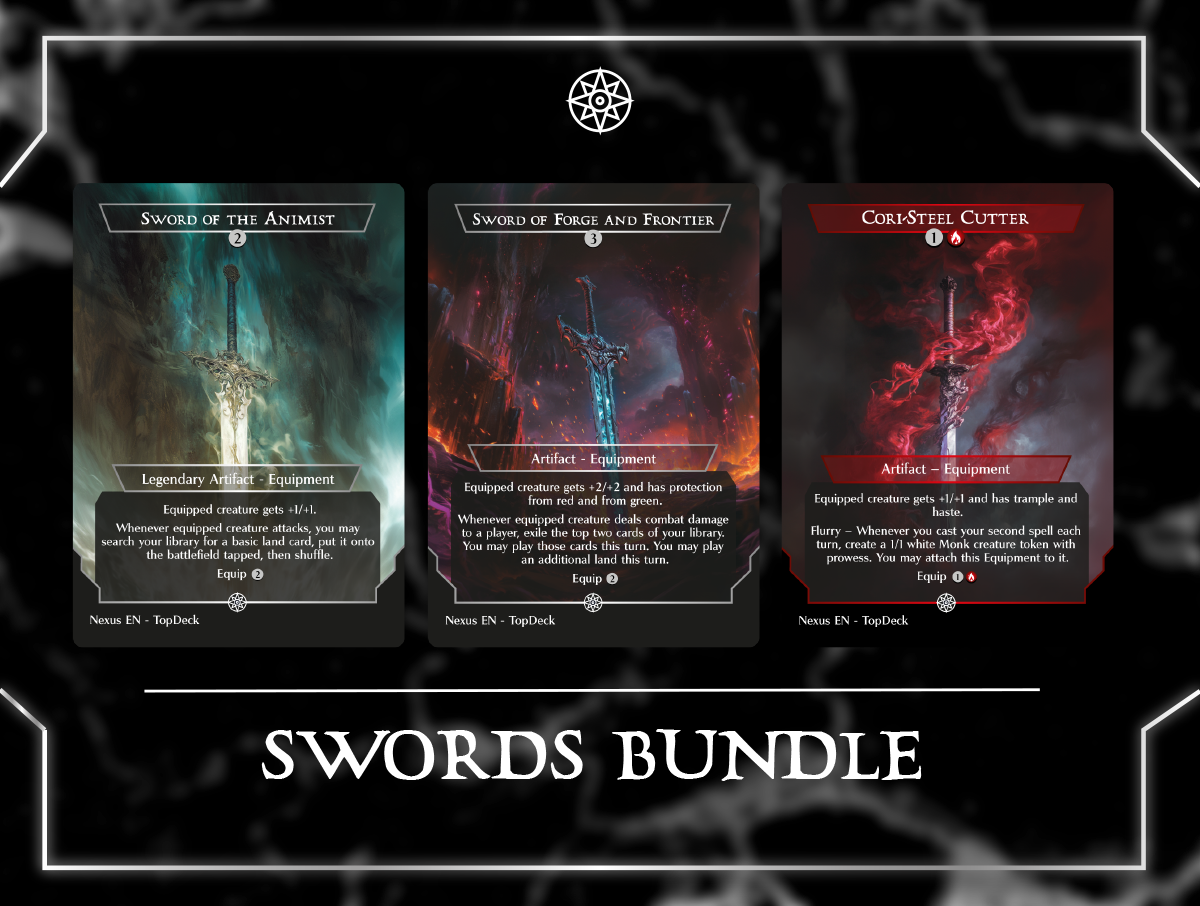 Sword of Fire and Ice Sword of Hearth and Home Sword of Feast and Famine Sword of Sinew and Steel Sword of War and Peace Sword of Body and Mind Sword of Truth and Justice Sword of Light and Shadow Sword of Once and Future Sword of the Animist Sword of Forge and Frontier Embercleave Shadowspear Excalibur, Sword of Eden Umezawa's Jitte Cori-Steel Cutter Dragonfire Blade Anduril Flame of the West Commander mtg proxy deck custom magic card lands token alter full deck list edh cedh