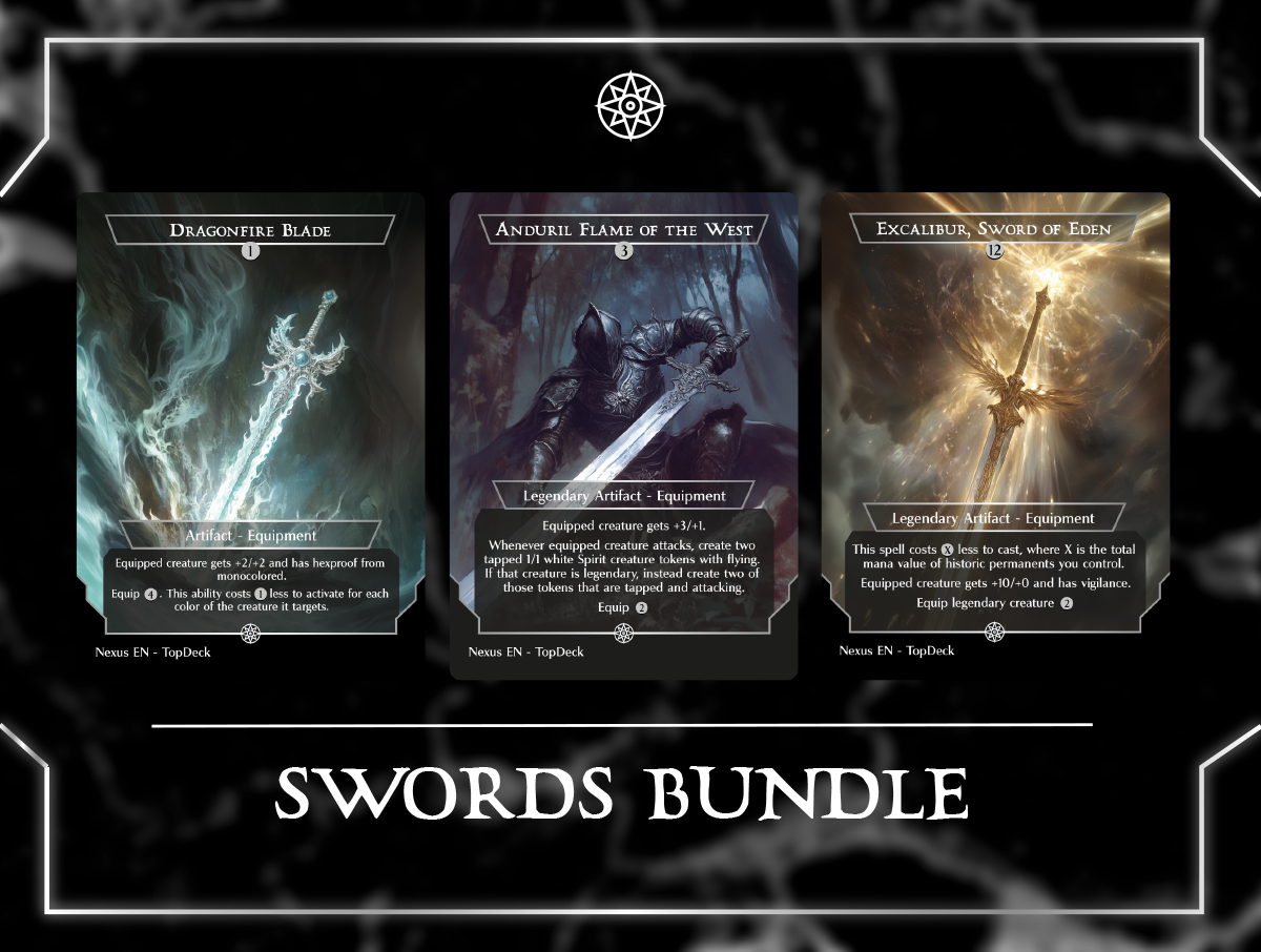 Sword of Fire and Ice Sword of Hearth and Home Sword of Feast and Famine Sword of Sinew and Steel Sword of War and Peace Sword of Body and Mind Sword of Truth and Justice Sword of Light and Shadow Sword of Once and Future Sword of the Animist Sword of Forge and Frontier Embercleave Shadowspear Excalibur, Sword of Eden Umezawa's Jitte Cori-Steel Cutter Dragonfire Blade Anduril Flame of the West Commander mtg proxy deck custom magic card lands token alter full deck list edh cedh