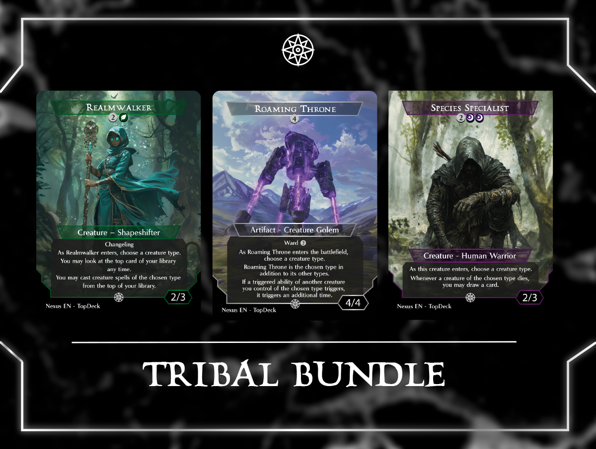 Banner of Kinship Cavern of Souls Door of Destinies Everything Comes to Dust Herald's Horn Kindred Discovery Kindred Dominance Mana Echoes Maskwood Nexus Molten Echoes Realmwalker Reflections of Littjara Roaming Throne Species Specialist Three Tree City Urza's Incubator Vanquisher's Banner Commander mtg proxy deck custom magic card lands token alter full deck list edh cedh