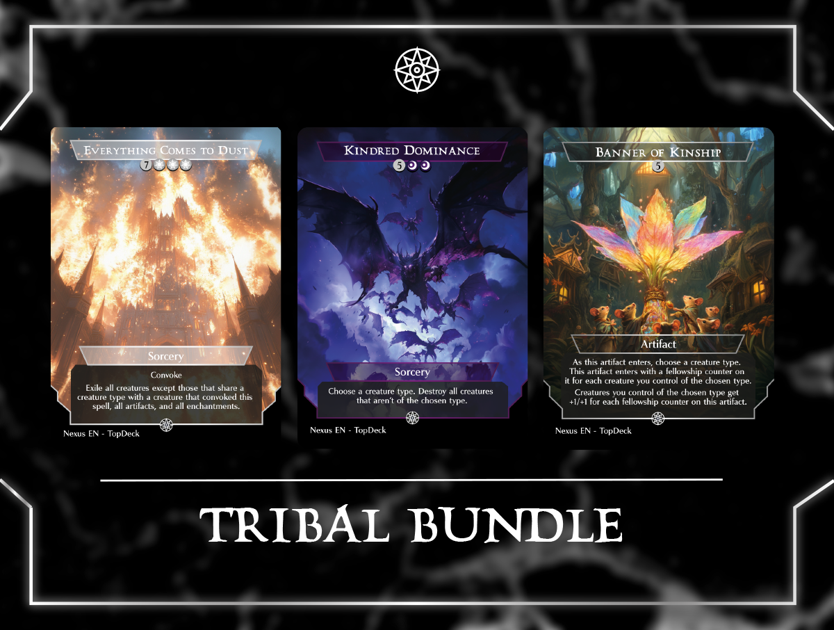 Banner of Kinship Cavern of Souls Door of Destinies Everything Comes to Dust Herald's Horn Kindred Discovery Kindred Dominance Mana Echoes Maskwood Nexus Molten Echoes Realmwalker Reflections of Littjara Roaming Throne Species Specialist Three Tree City Urza's Incubator Vanquisher's Banner Commander mtg proxy deck custom magic card lands token alter full deck list edh cedh