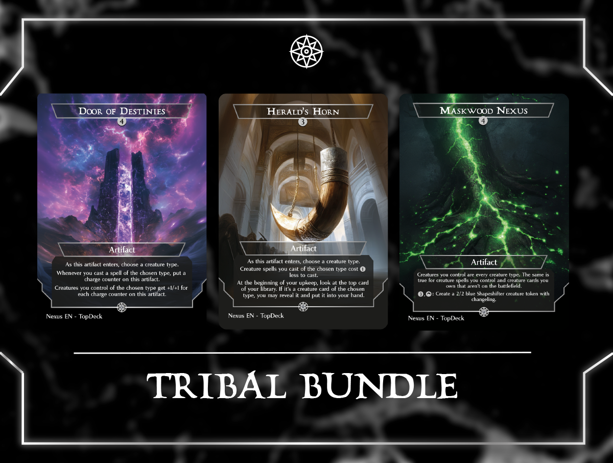 Banner of Kinship Cavern of Souls Door of Destinies Everything Comes to Dust Herald's Horn Kindred Discovery Kindred Dominance Mana Echoes Maskwood Nexus Molten Echoes Realmwalker Reflections of Littjara Roaming Throne Species Specialist Three Tree City Urza's Incubator Vanquisher's Banner Commander mtg proxy deck custom magic card lands token alter full deck list edh cedh