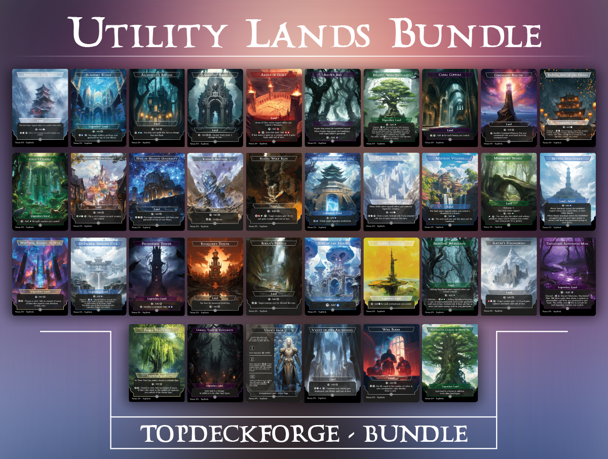 Abandoned Air Temple Academy Ruins Alchemist's Refuge Ancient Tomb Arena of Glory Bojuka Bog Boseiju, Who Endures Cabal Coffers Command Beacon Eiganjo, Seat of the Empire Gaea's Cradle Gavony Township Hall of Heliod's Generosity Karn's Bastion Kessig Wolf Run Minamo, School at Water's Edge Minas Tirith Mistrise Village Mosswort Bridge Mystic Sanctuary Nykthos, Shrine to Nyx Otawara, Soaring City Phyrexian Tower Reliquary Tower Rogue's Passage Seat of the Synod Serra's Sanctum Shifting Woodland Slayers' Stronghold Takenuma, Abandoned Mire Three Tree City Urborg, Tomb of Yawgmoth Urza's Saga Vault of the Archangel War Room Yavimaya, Cradle of Growth Commander mtg proxy deck custom magic card lands token alter full deck list edh cedh