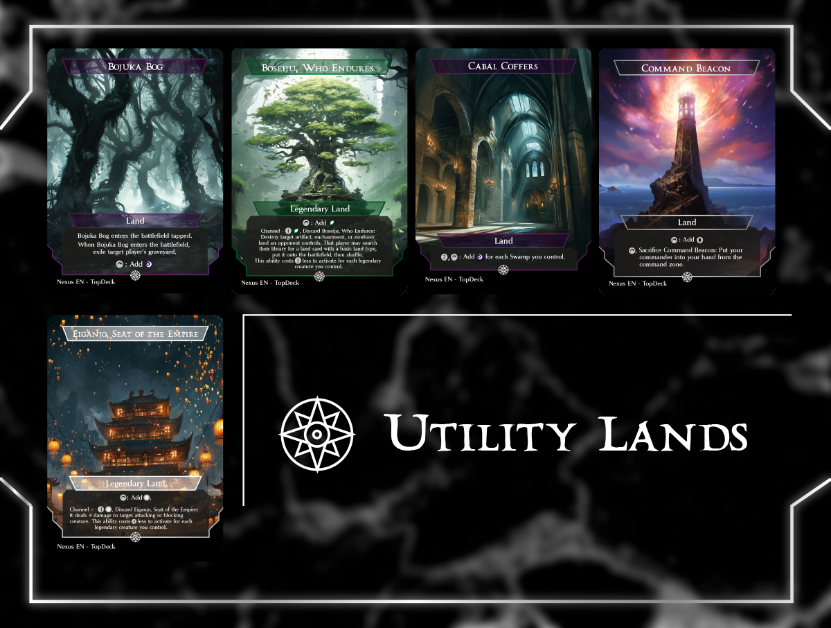 Abandoned Air Temple Academy Ruins Alchemist's Refuge Ancient Tomb Arena of Glory Bojuka Bog Boseiju, Who Endures Cabal Coffers Command Beacon Eiganjo, Seat of the Empire Gaea's Cradle Gavony Township Hall of Heliod's Generosity Karn's Bastion Kessig Wolf Run Minamo, School at Water's Edge Minas Tirith Mistrise Village Mosswort Bridge Mystic Sanctuary Nykthos, Shrine to Nyx Otawara, Soaring City Phyrexian Tower Reliquary Tower Rogue's Passage Seat of the Synod Serra's Sanctum Shifting Woodland Slayers' Stronghold Takenuma, Abandoned Mire Three Tree City Urborg, Tomb of Yawgmoth Urza's Saga Vault of the Archangel War Room Yavimaya, Cradle of Growth Commander mtg proxy deck custom magic card lands token alter full deck list edh cedh