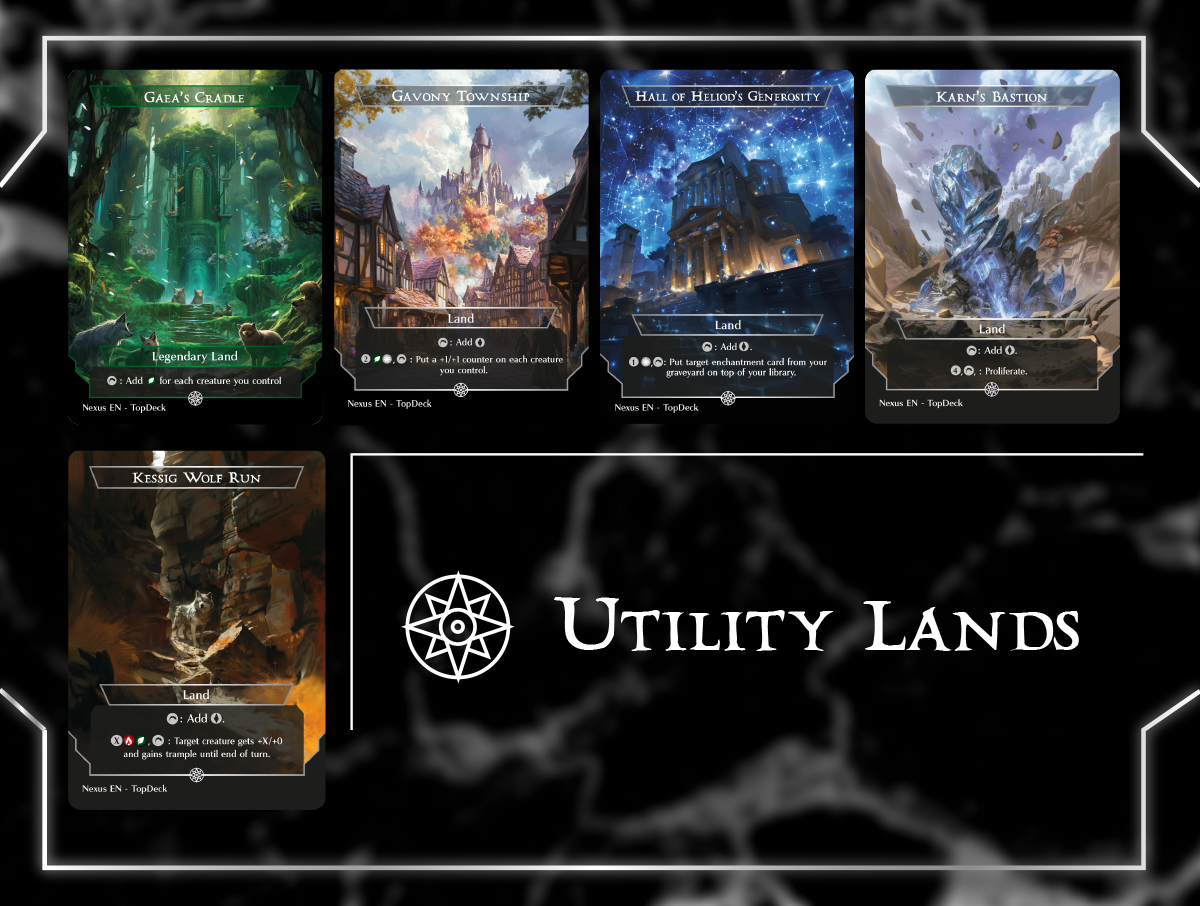 Abandoned Air Temple Academy Ruins Alchemist's Refuge Ancient Tomb Arena of Glory Bojuka Bog Boseiju, Who Endures Cabal Coffers Command Beacon Eiganjo, Seat of the Empire Gaea's Cradle Gavony Township Hall of Heliod's Generosity Karn's Bastion Kessig Wolf Run Minamo, School at Water's Edge Minas Tirith Mistrise Village Mosswort Bridge Mystic Sanctuary Nykthos, Shrine to Nyx Otawara, Soaring City Phyrexian Tower Reliquary Tower Rogue's Passage Seat of the Synod Serra's Sanctum Shifting Woodland Slayers' Stronghold Takenuma, Abandoned Mire Three Tree City Urborg, Tomb of Yawgmoth Urza's Saga Vault of the Archangel War Room Yavimaya, Cradle of Growth Commander mtg proxy deck custom magic card lands token alter full deck list edh cedh