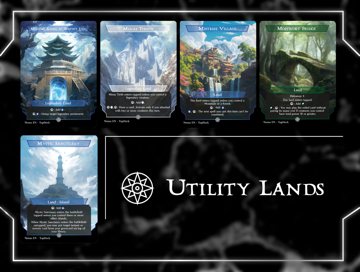 Abandoned Air Temple Academy Ruins Alchemist's Refuge Ancient Tomb Arena of Glory Bojuka Bog Boseiju, Who Endures Cabal Coffers Command Beacon Eiganjo, Seat of the Empire Gaea's Cradle Gavony Township Hall of Heliod's Generosity Karn's Bastion Kessig Wolf Run Minamo, School at Water's Edge Minas Tirith Mistrise Village Mosswort Bridge Mystic Sanctuary Nykthos, Shrine to Nyx Otawara, Soaring City Phyrexian Tower Reliquary Tower Rogue's Passage Seat of the Synod Serra's Sanctum Shifting Woodland Slayers' Stronghold Takenuma, Abandoned Mire Three Tree City Urborg, Tomb of Yawgmoth Urza's Saga Vault of the Archangel War Room Yavimaya, Cradle of Growth Commander mtg proxy deck custom magic card lands token alter full deck list edh cedh