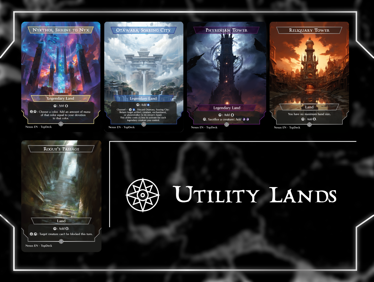 Abandoned Air Temple Academy Ruins Alchemist's Refuge Ancient Tomb Arena of Glory Bojuka Bog Boseiju, Who Endures Cabal Coffers Command Beacon Eiganjo, Seat of the Empire Gaea's Cradle Gavony Township Hall of Heliod's Generosity Karn's Bastion Kessig Wolf Run Minamo, School at Water's Edge Minas Tirith Mistrise Village Mosswort Bridge Mystic Sanctuary Nykthos, Shrine to Nyx Otawara, Soaring City Phyrexian Tower Reliquary Tower Rogue's Passage Seat of the Synod Serra's Sanctum Shifting Woodland Slayers' Stronghold Takenuma, Abandoned Mire Three Tree City Urborg, Tomb of Yawgmoth Urza's Saga Vault of the Archangel War Room Yavimaya, Cradle of Growth Commander mtg proxy deck custom magic card lands token alter full deck list edh cedh