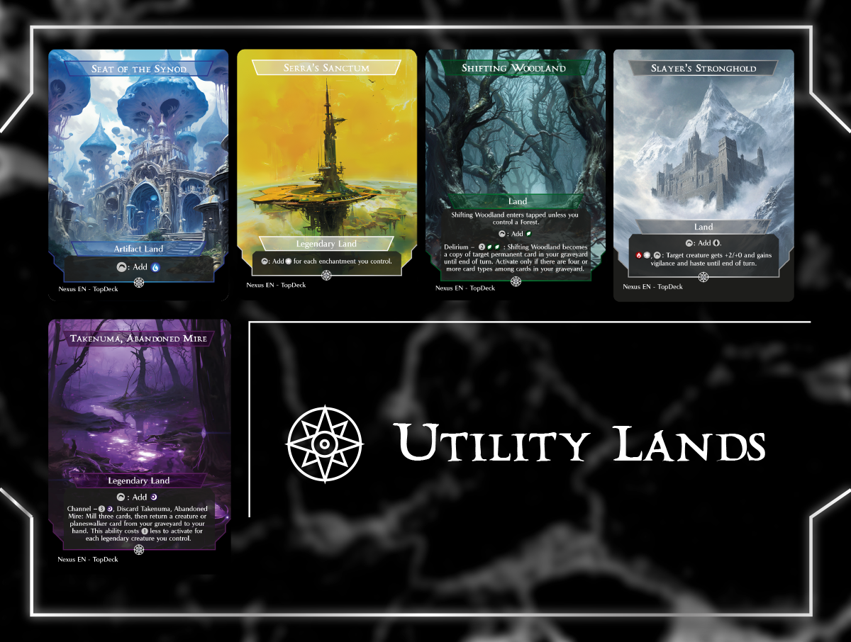 Abandoned Air Temple Academy Ruins Alchemist's Refuge Ancient Tomb Arena of Glory Bojuka Bog Boseiju, Who Endures Cabal Coffers Command Beacon Eiganjo, Seat of the Empire Gaea's Cradle Gavony Township Hall of Heliod's Generosity Karn's Bastion Kessig Wolf Run Minamo, School at Water's Edge Minas Tirith Mistrise Village Mosswort Bridge Mystic Sanctuary Nykthos, Shrine to Nyx Otawara, Soaring City Phyrexian Tower Reliquary Tower Rogue's Passage Seat of the Synod Serra's Sanctum Shifting Woodland Slayers' Stronghold Takenuma, Abandoned Mire Three Tree City Urborg, Tomb of Yawgmoth Urza's Saga Vault of the Archangel War Room Yavimaya, Cradle of Growth Commander mtg proxy deck custom magic card lands token alter full deck list edh cedh