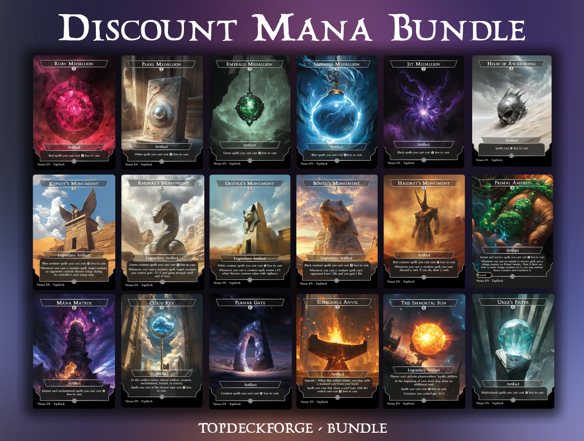 Bontu's Monument Cloud Key Emerald Medallion Hazoret's Monument Helm of Awakening Jet Medallion Kefnet's Monument Mana Matrix Oketra's Monument Pearl Medallion Planar Gate Primal Amulet Primal Wellspring Rhonas's Monument Ruby Medallion Sapphire Medallion Semblance Anvil The Immortal Sun Urza's Filter Commander mtg proxy deck custom magic card lands token alter full deck list edh cedh